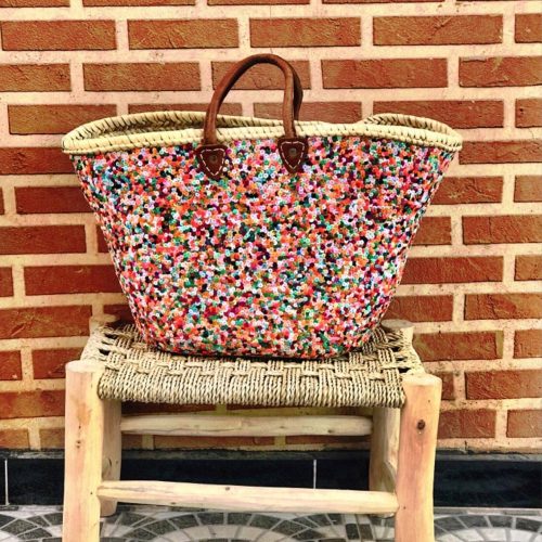 Multicolored Basket In Sequined Palm Leaves, Leather Handles