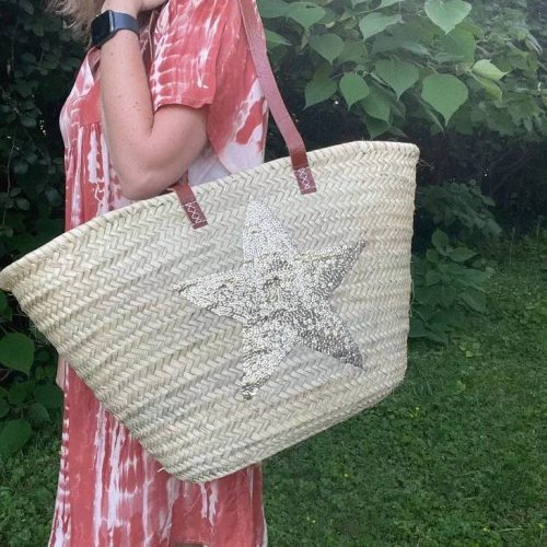 Moroccan Star Straw basket with leather handles straw bag
