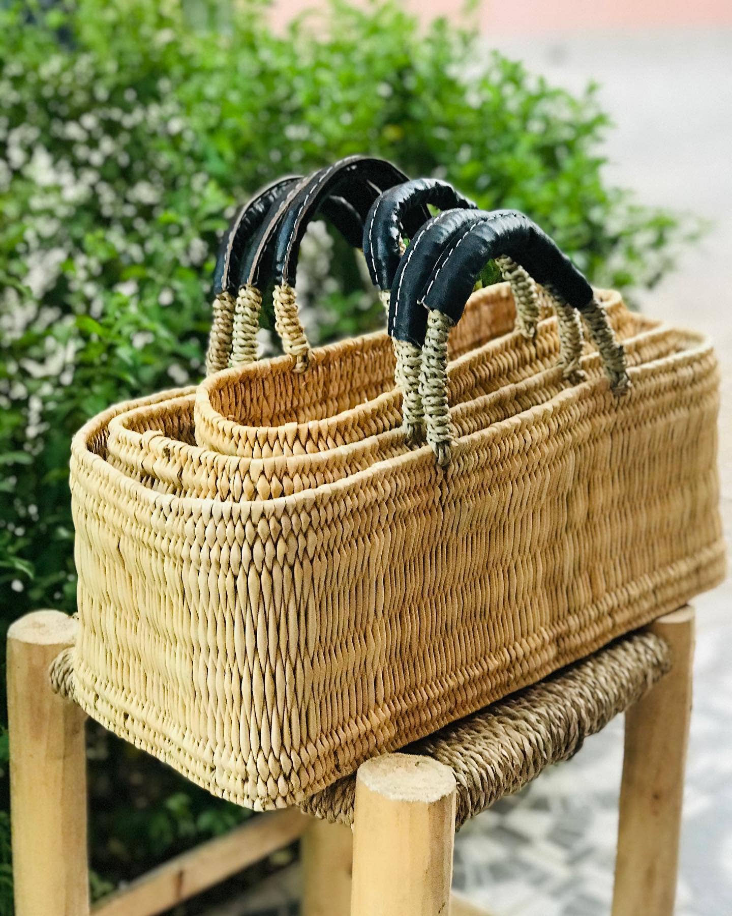 Reed Baskets with Leather Handles 3 set