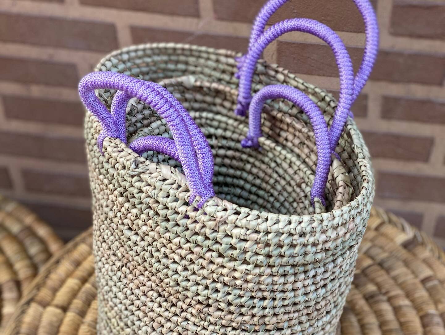 Handwoven Boho Storage Basket Set with Color Handles - Image 3