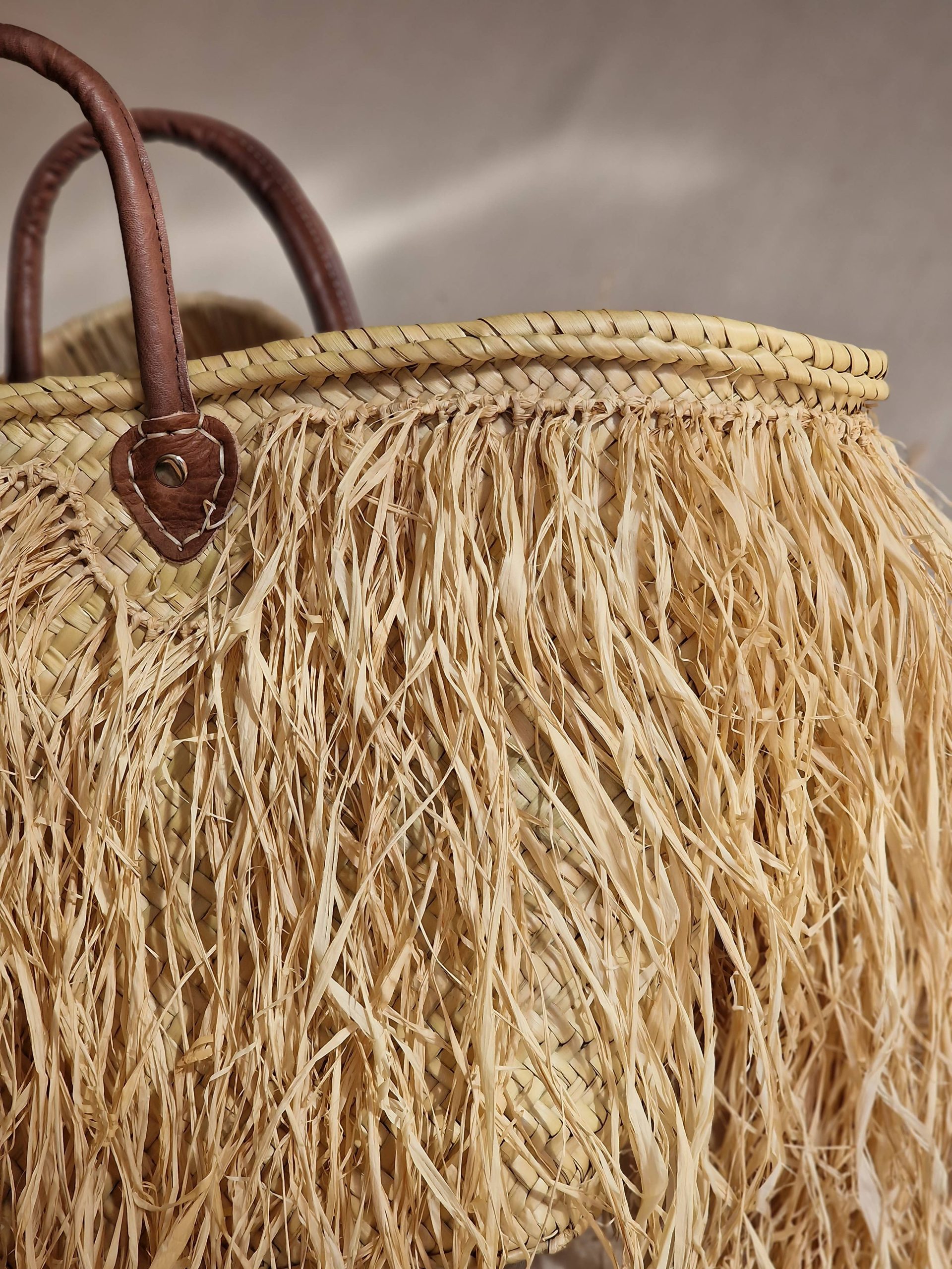 Moroccan Straw Basket Bag With Raffia Fringes - Natural - Image 6