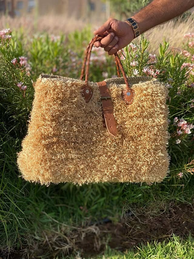 Handwoven Raffia Bag with Braided Leather Handles - Image 2