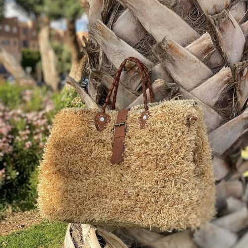 Handwoven Raffia Bag with Braided Leather Handles