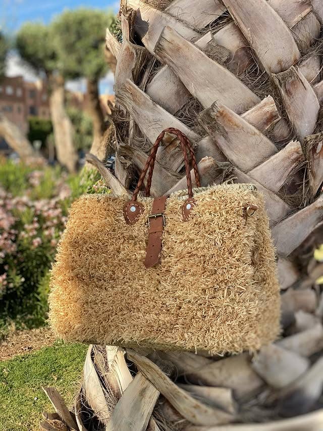 Handwoven Raffia Bag with Braided Leather Handles