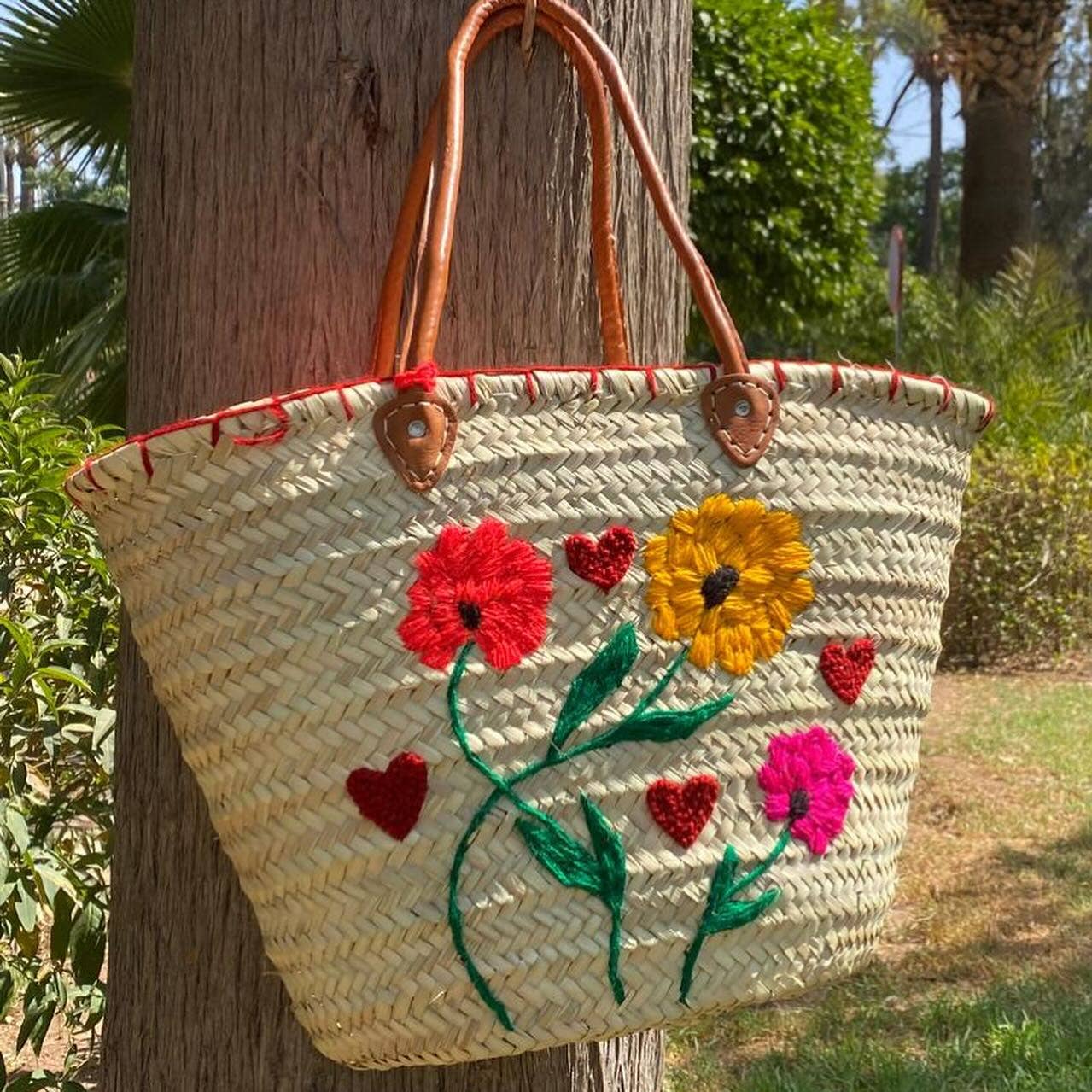 Handwoven Palm Leaf Basket with Floral Embroidery