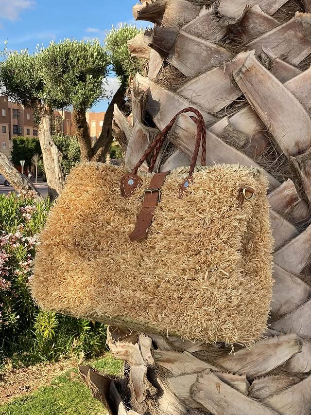 Handwoven Raffia Bag with Braided Leather Handles - Image 5