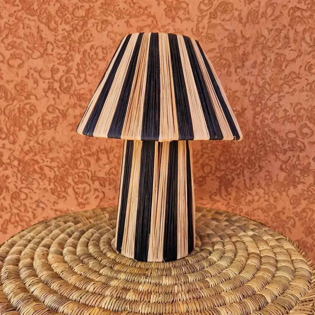 Handmade Raffia Table Lamp with Striped Shade - Image 6