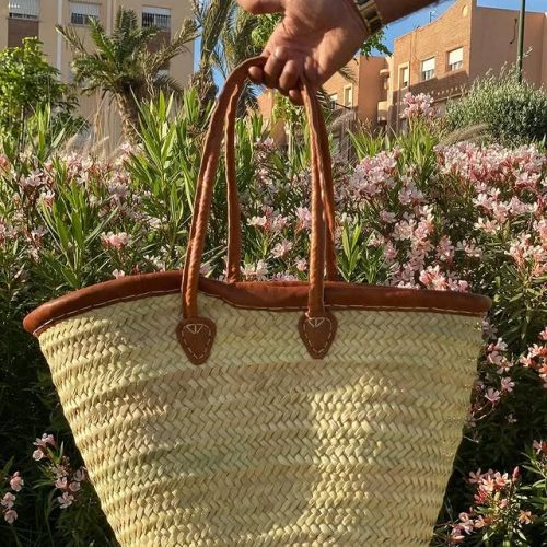 Handmade Straw Market Basket with Leather Handles