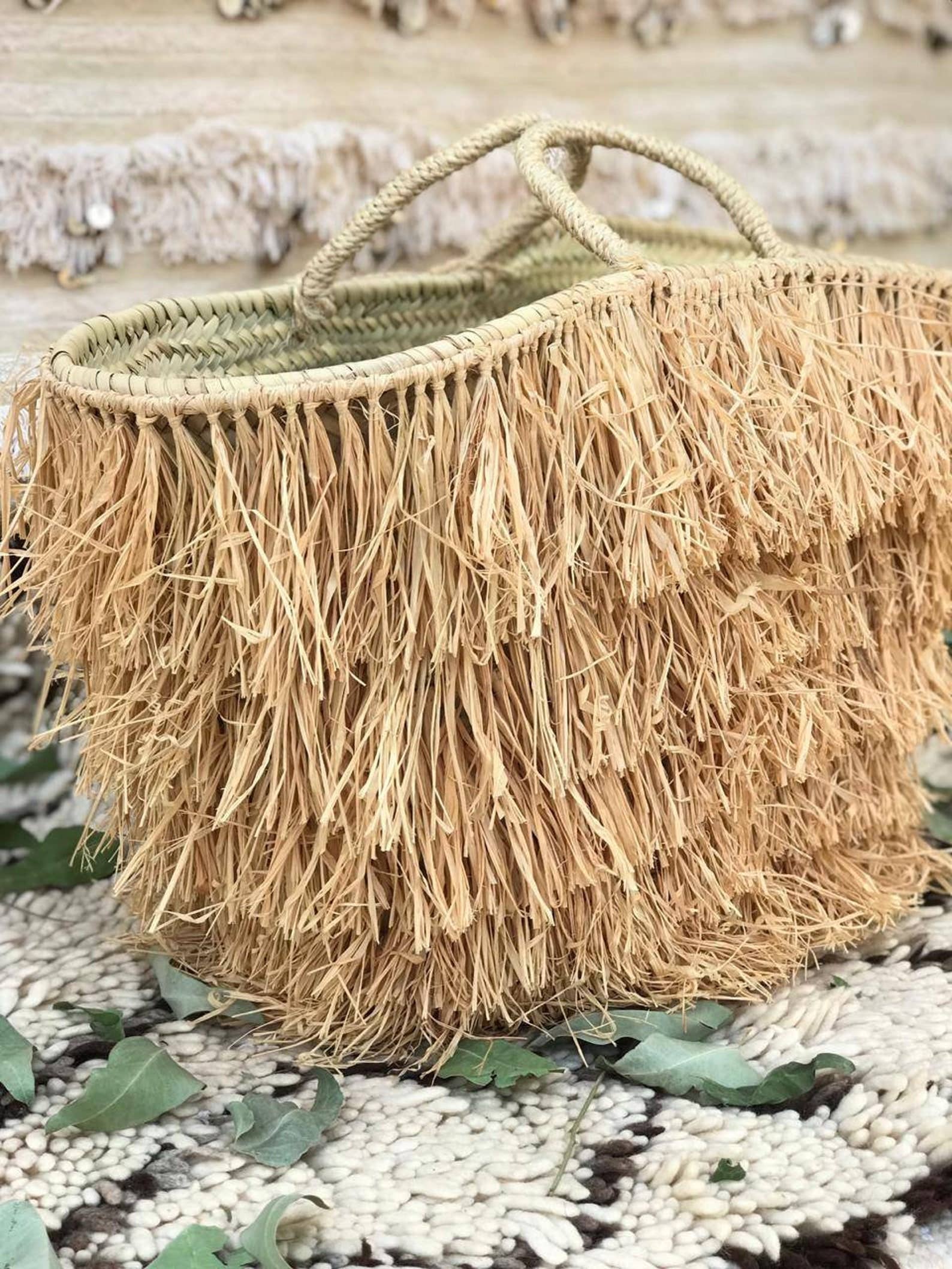 Handmade Straw Basket Bag with Raffia Fringe - Image 2