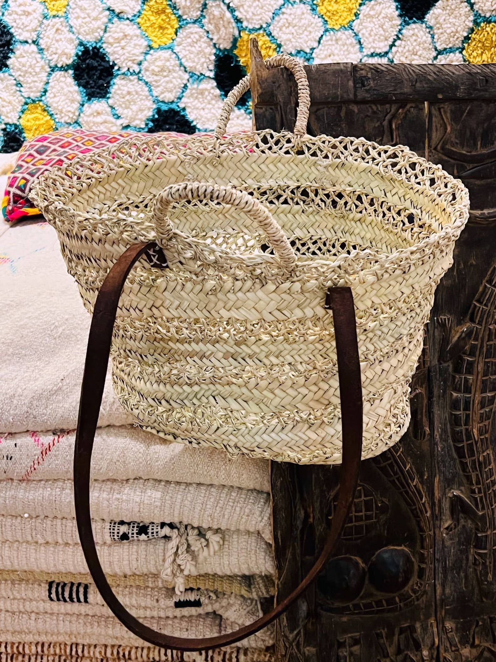 Handwoven Moroccan Straw Basket with Leather Handles - Image 7