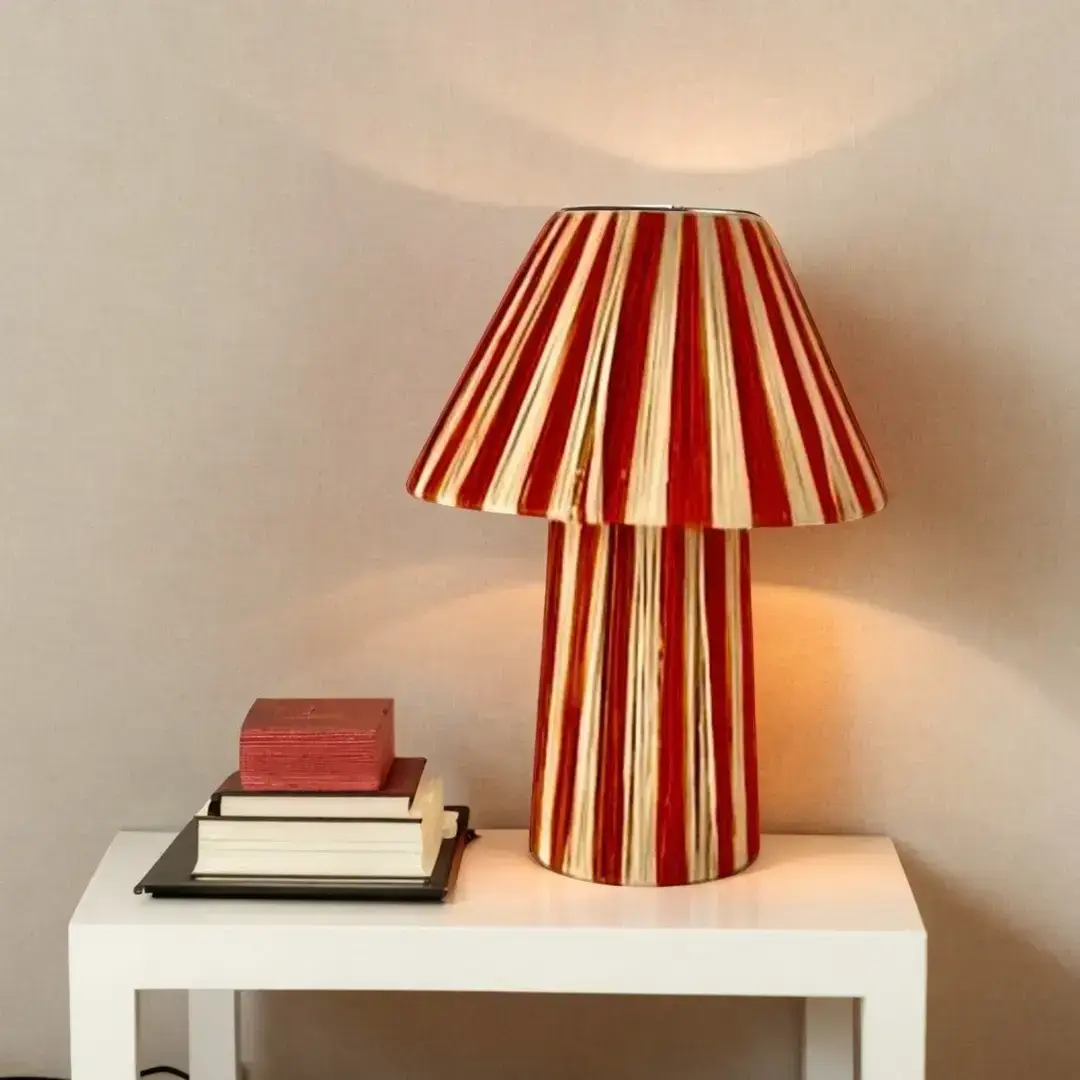 Handmade Raffia Table Lamp with Striped Shade - Image 2
