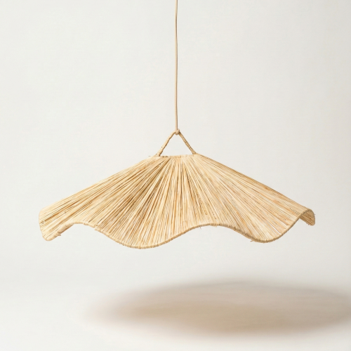 Handwoven Raffia Wave Pendant Light with Metal Frame