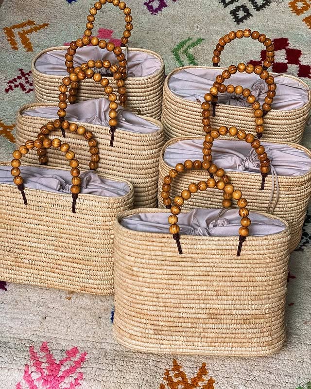 Handmade Raffia Bag with Wooden Bead Handles