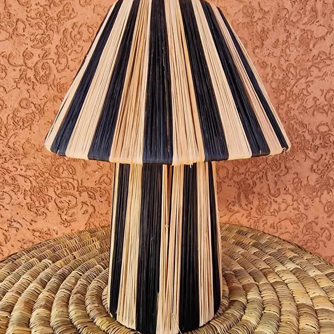 Handmade Raffia Table Lamp with Striped Shade - Image 5