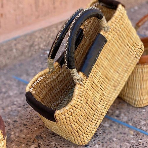 Handwoven Reed Basket with Leather Handles