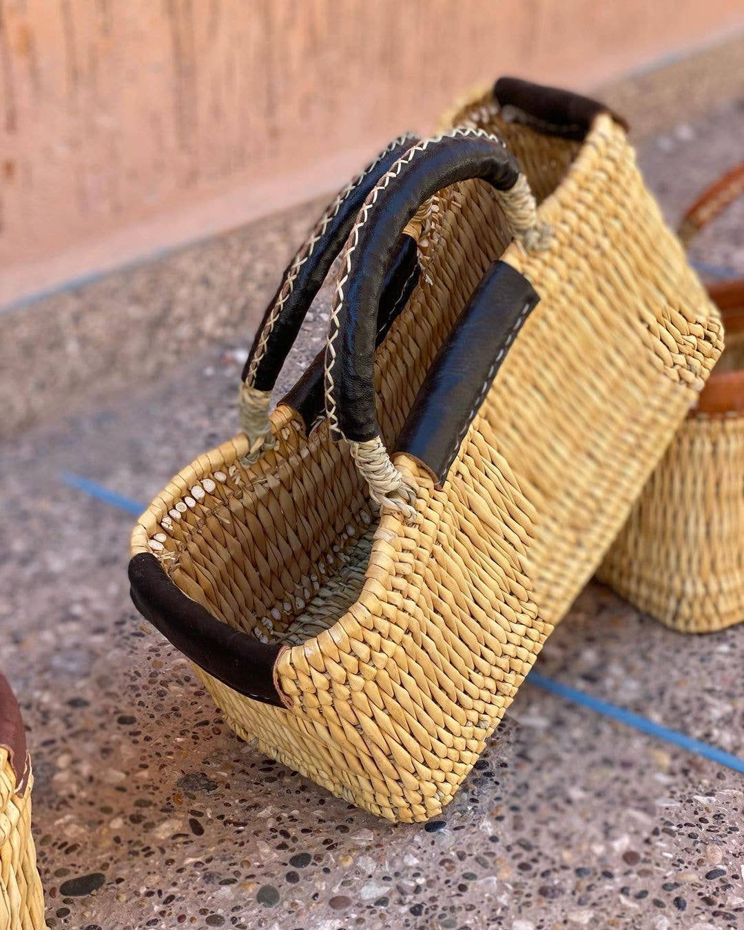 Handwoven Reed Basket with Leather Handles
