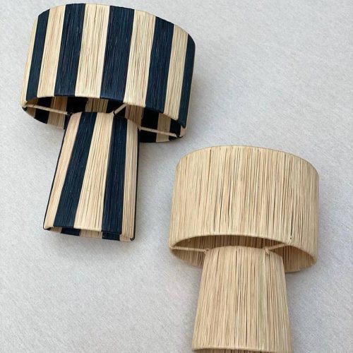 Handwoven Raffia Table Lampshade with Striped Design