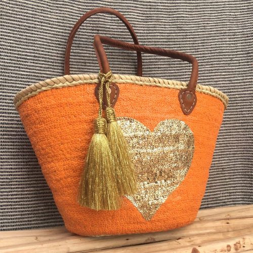 Handwoven French Market Basket with Sequin Heart
