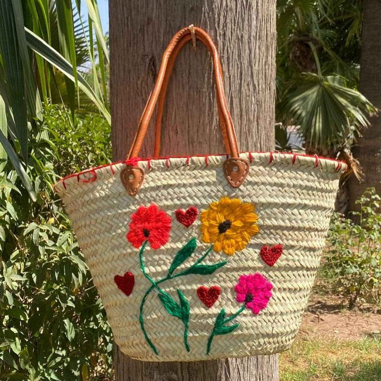 Handwoven Palm Leaf Basket with Floral Embroidery - Image 3