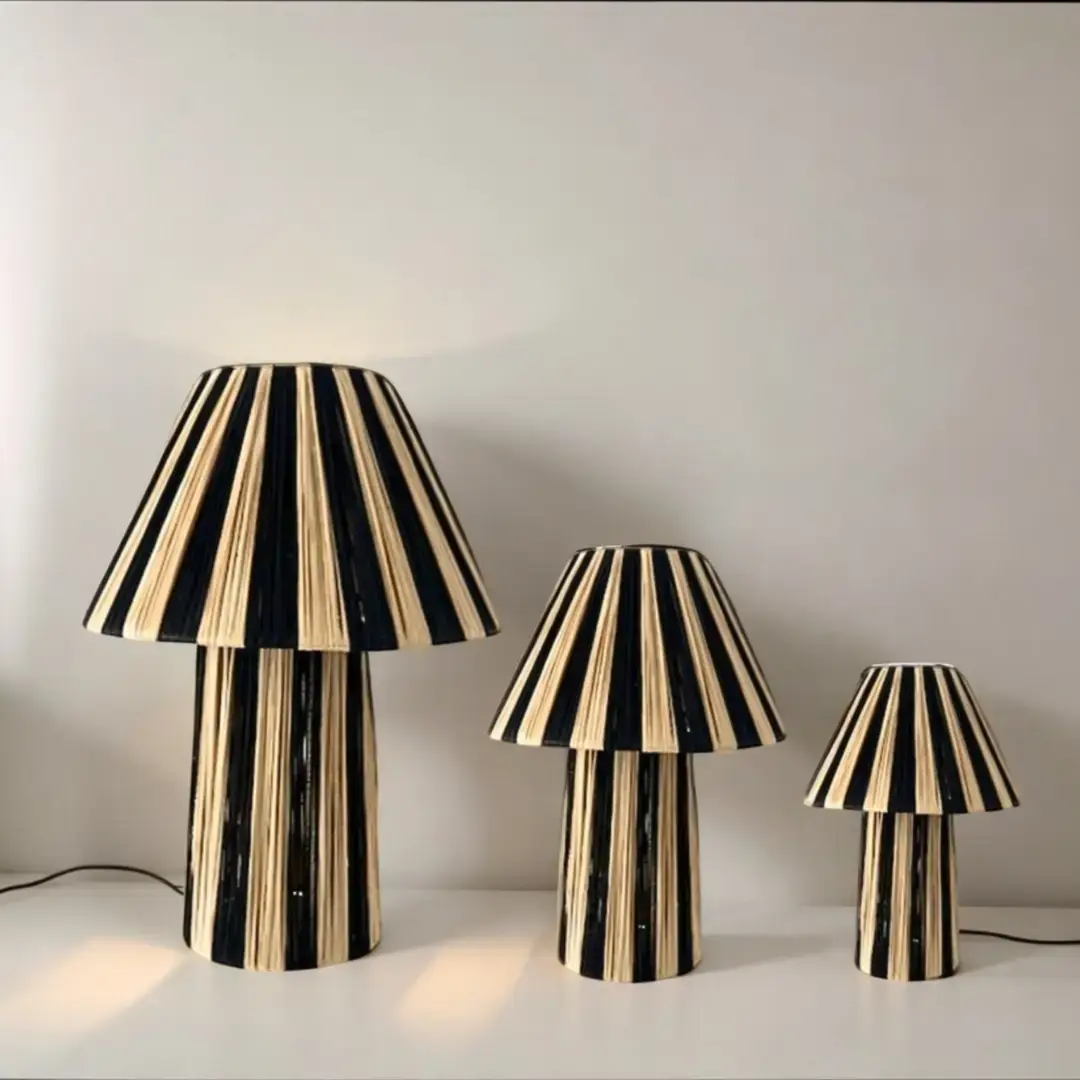 Handmade Raffia Table Lamp with Striped Shade