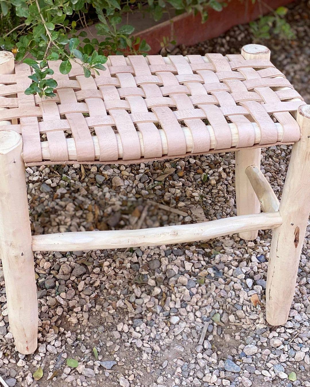 Handcrafted Wooden Stool with Woven Leather Seat