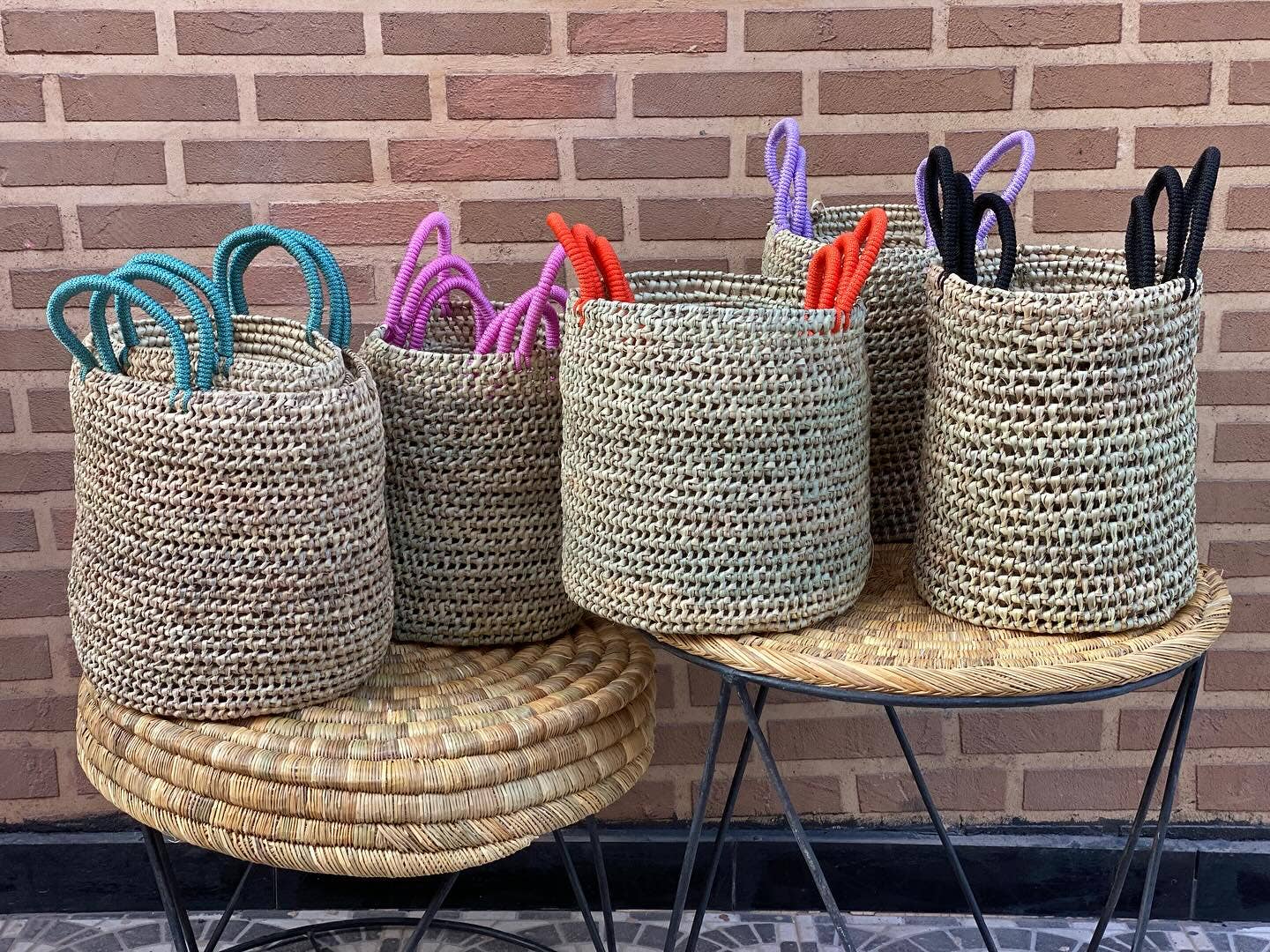 Handwoven Boho Storage Basket Set with Color Handles