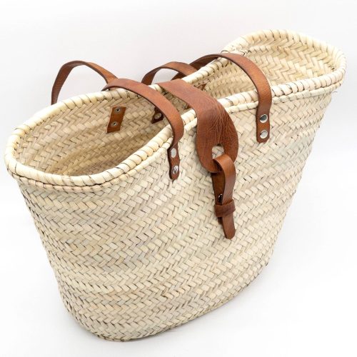 Handwoven Moroccan Straw Basket with Leather Handles