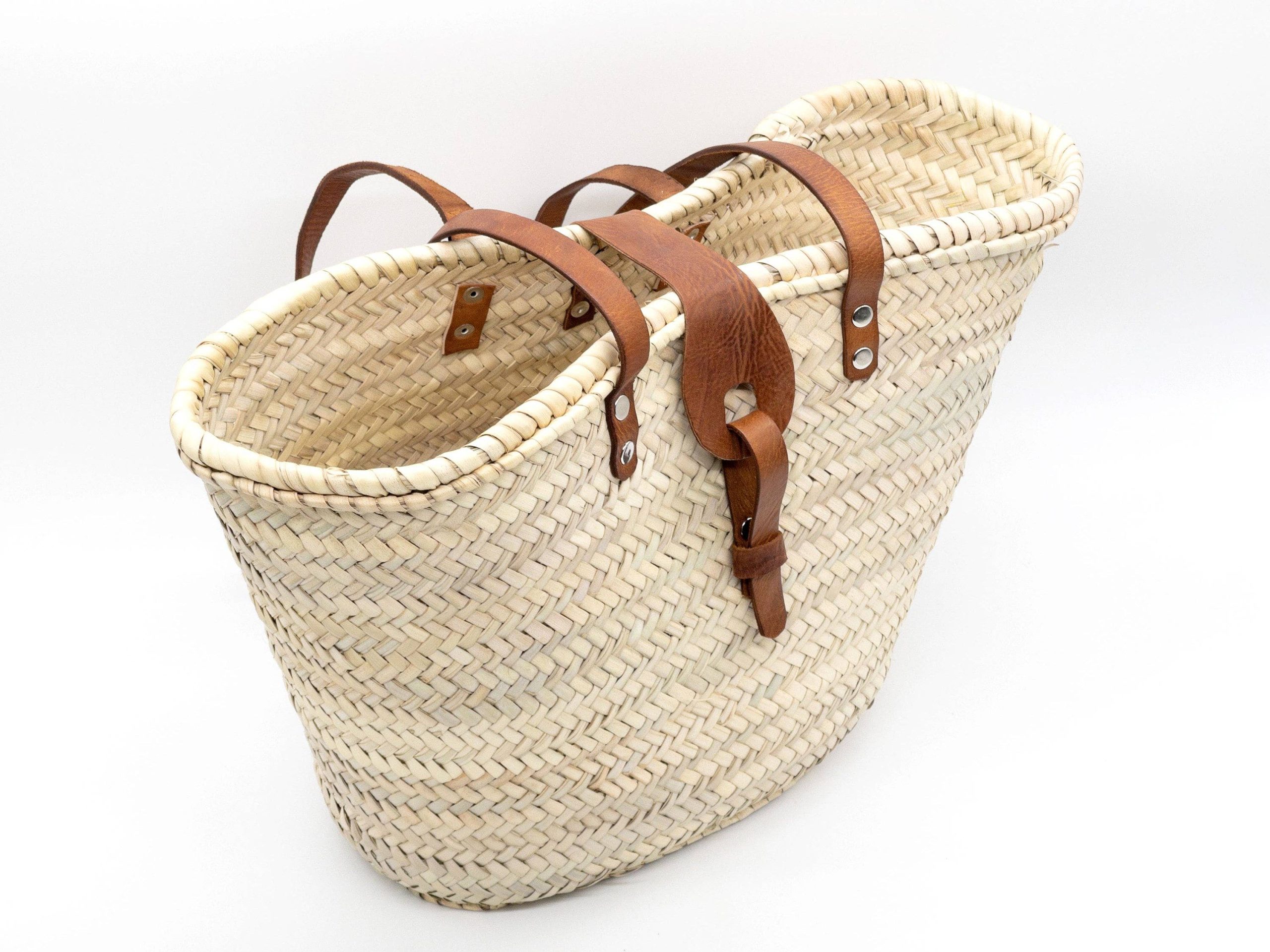 Handwoven Moroccan Straw Basket with Leather Handles