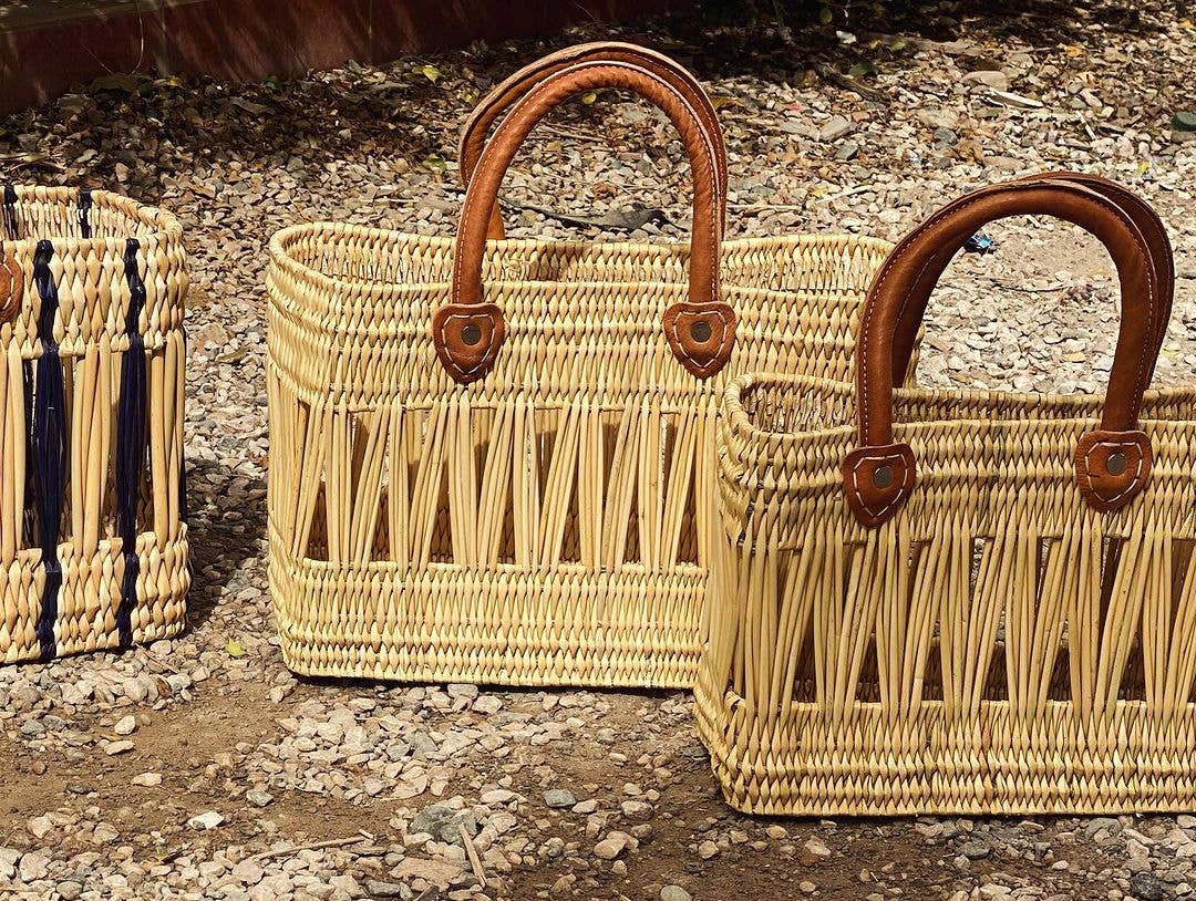 Handwoven Reed Basket Set with Leather Handles (Set of 2) - Image 2
