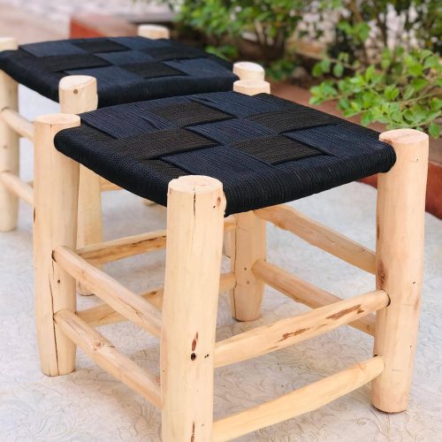 Handwoven Wooden Stool with Woven Seat