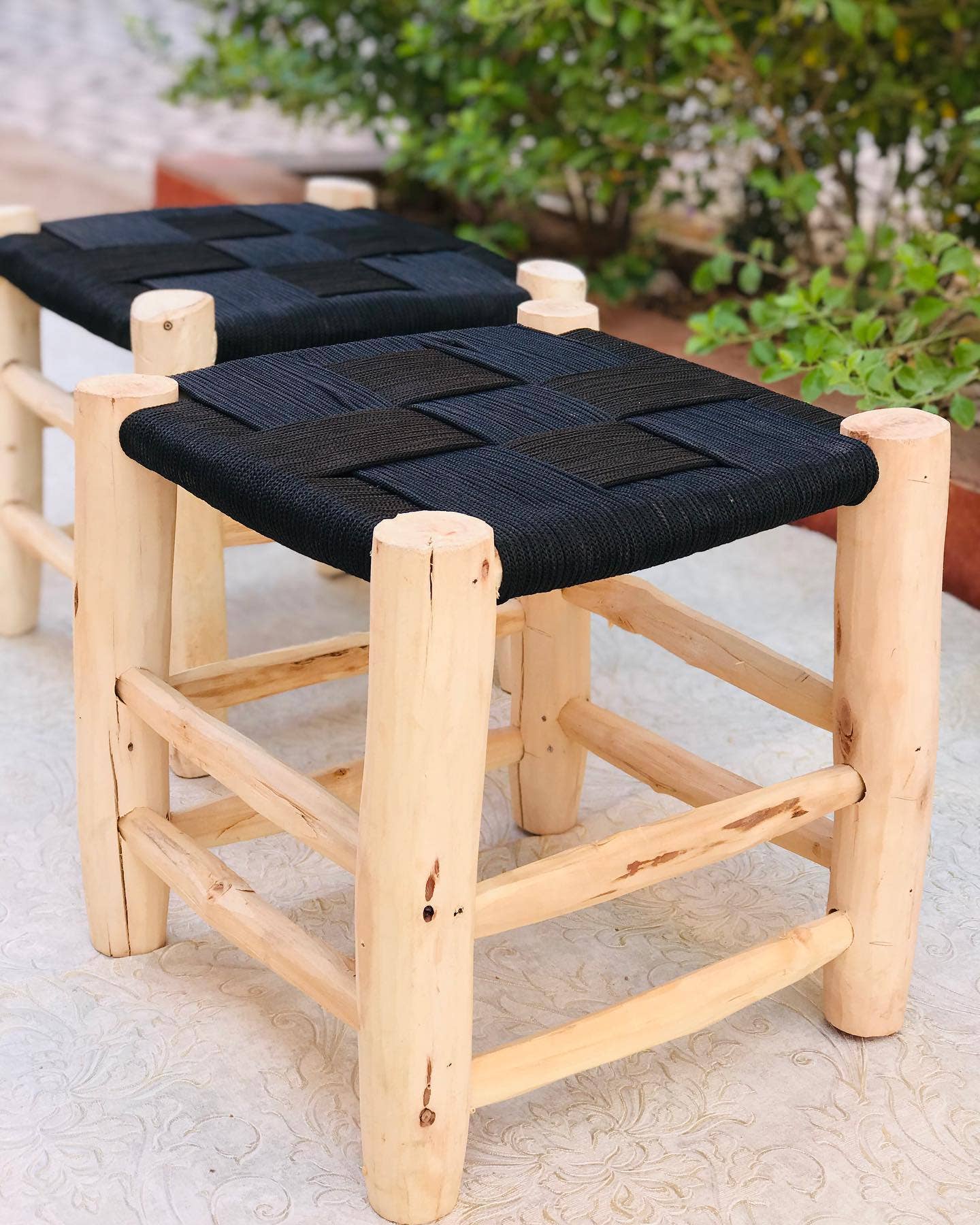 Handwoven Wooden Stool with Woven Seat