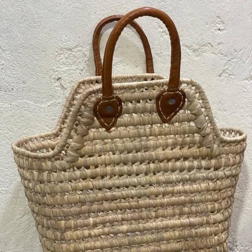 Handwoven Raffia Tote Basket with Leather Handles