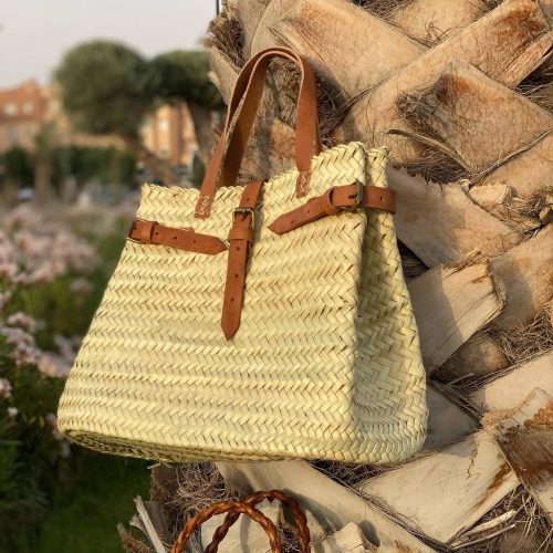 Handwoven Palm Leaf Tote Bag with Leather Handles