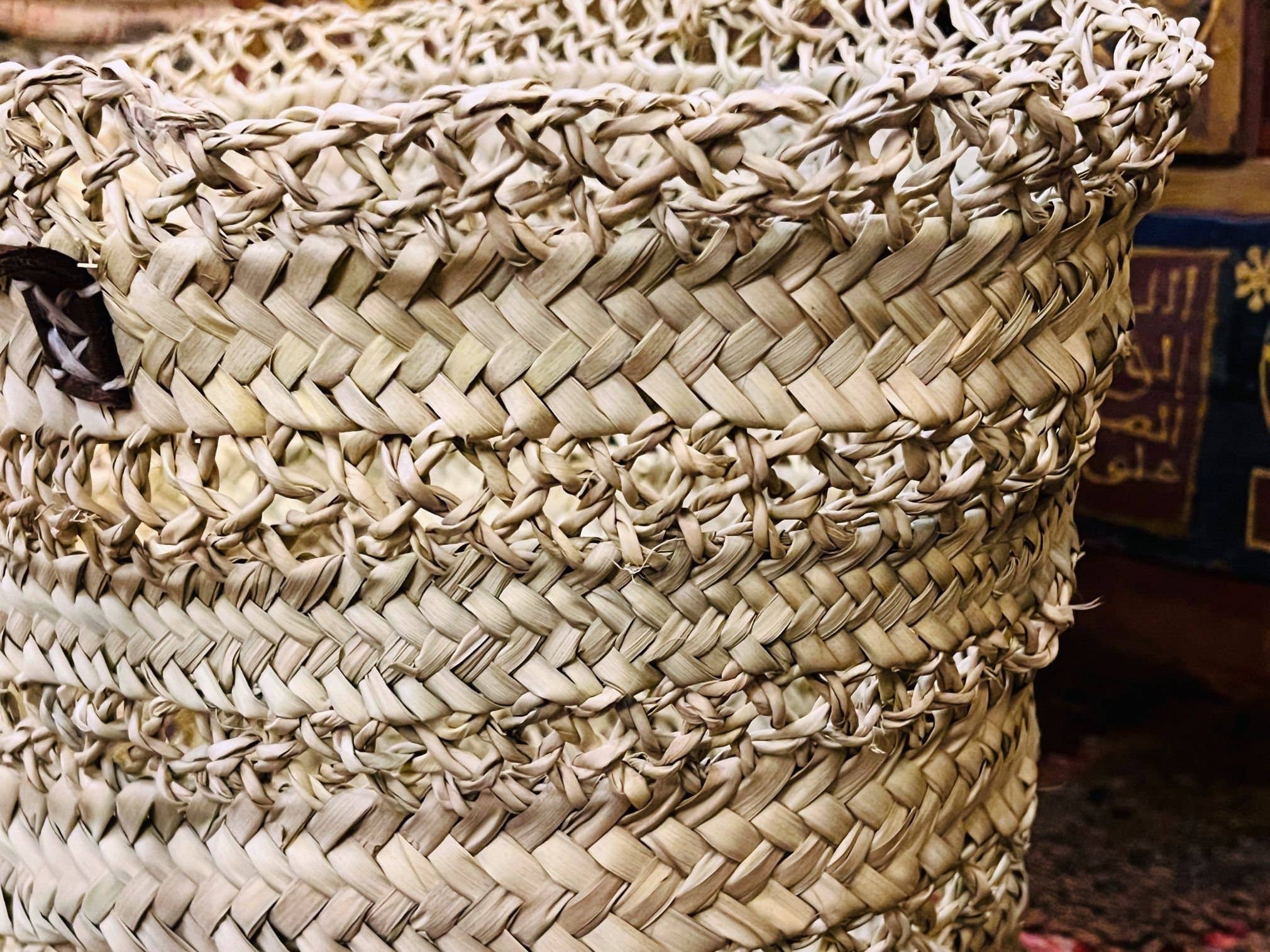 Handwoven Moroccan Straw Basket with Leather Handles - Image 5