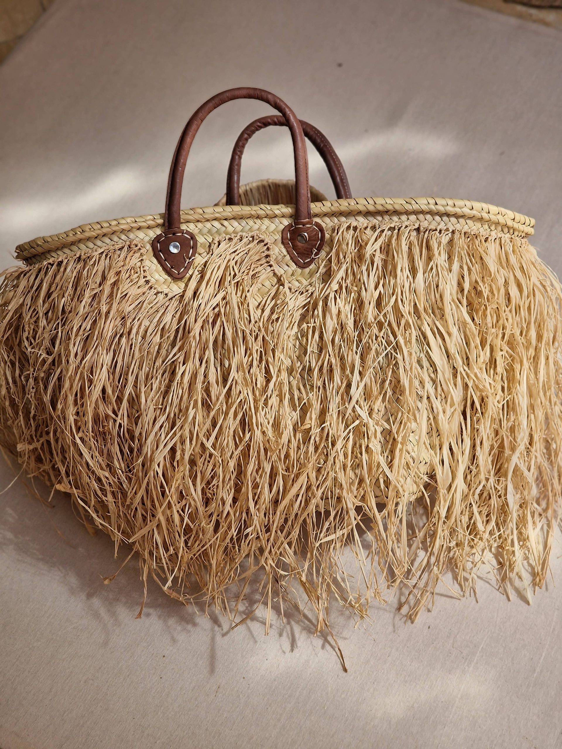 Moroccan Straw Basket Bag With Raffia Fringes - Natural - Image 5