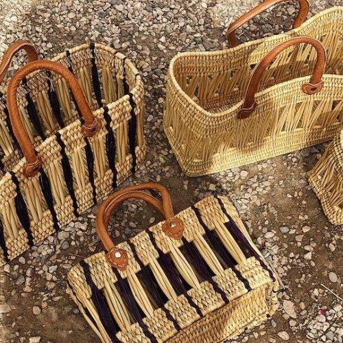Handwoven Reed Basket Set with Leather Handles (Set of 2)