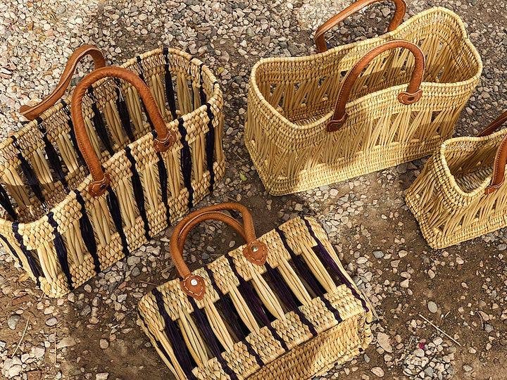 Handwoven Reed Basket Set with Leather Handles (Set of 2)