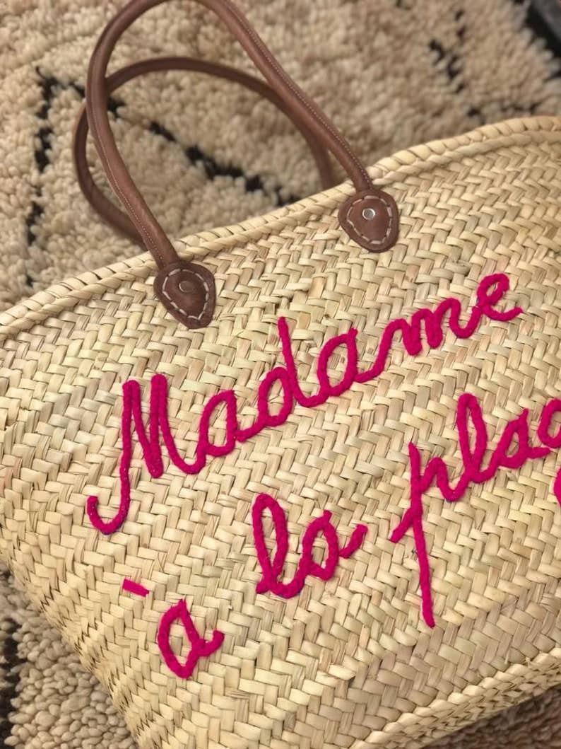 Personalized Handwoven Straw Basket with Embroidered Text - Image 2