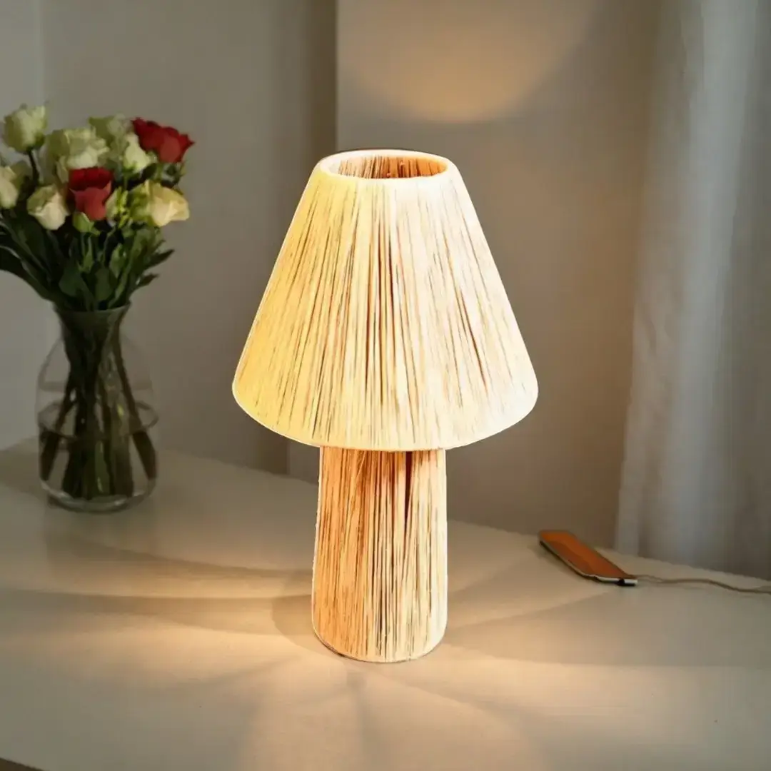 Handmade Raffia Table Lamp with Striped Shade - Image 4