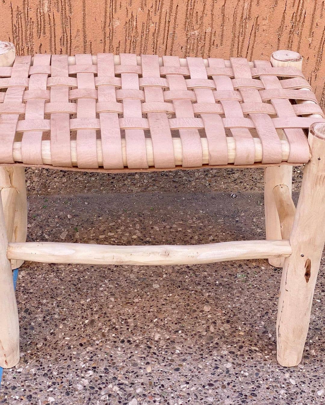 Handcrafted Wooden Stool with Woven Leather Seat - Image 2