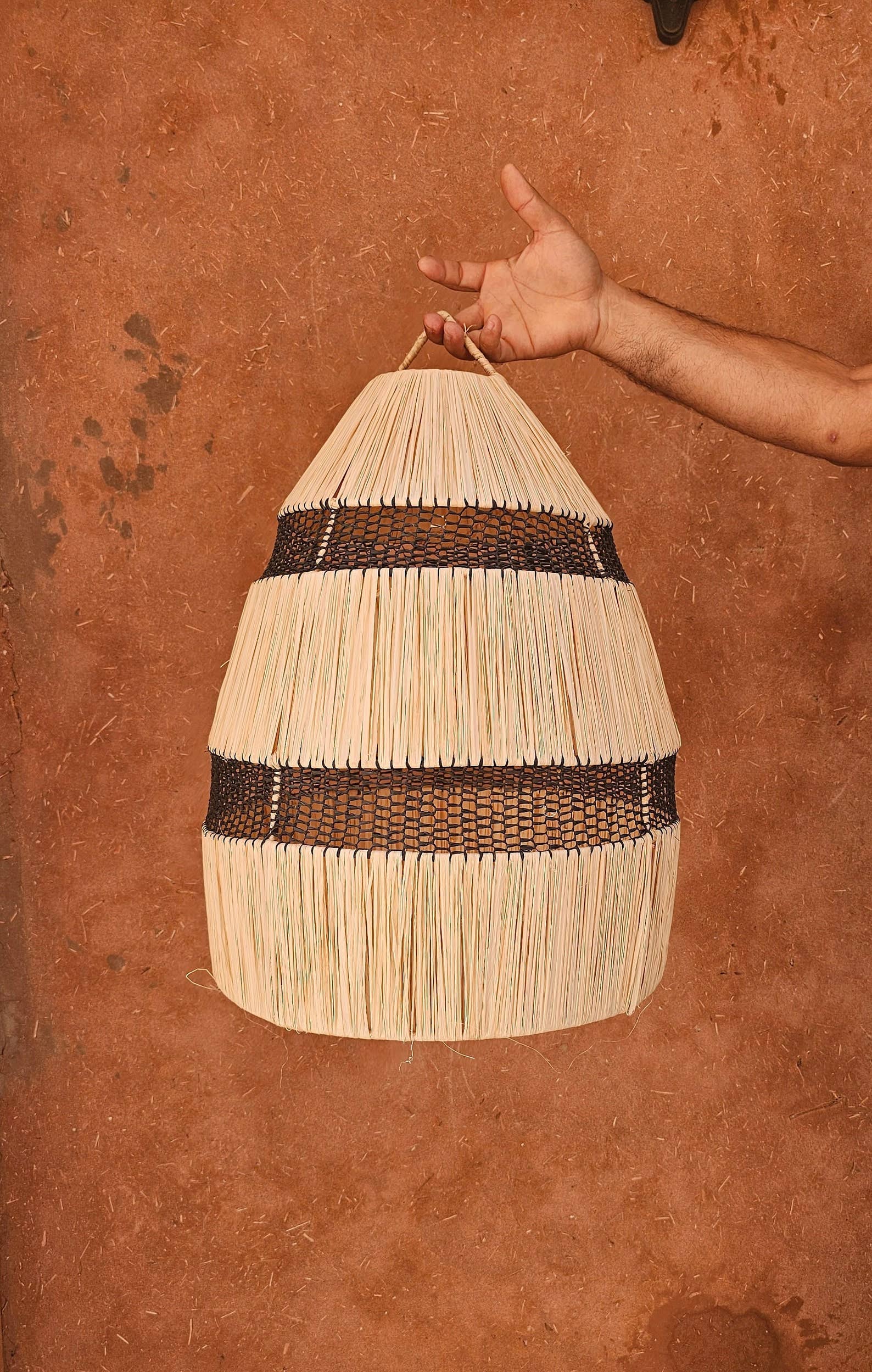 Handwoven Raffia Pendant Light Shade with Black Accent