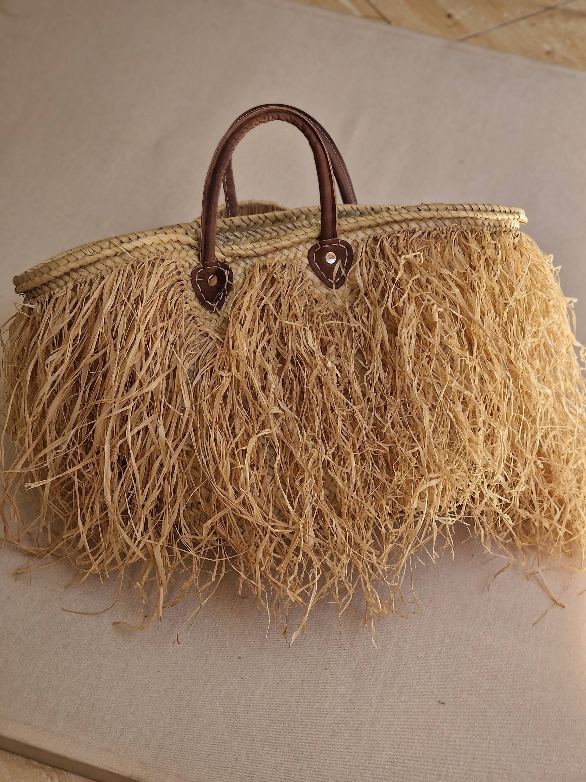 Moroccan Straw Basket Bag With Raffia Fringes - Natural - Image 4