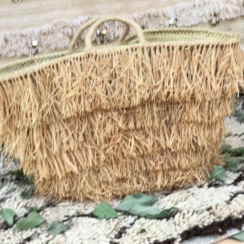Handmade Straw Basket Bag with Raffia Fringe