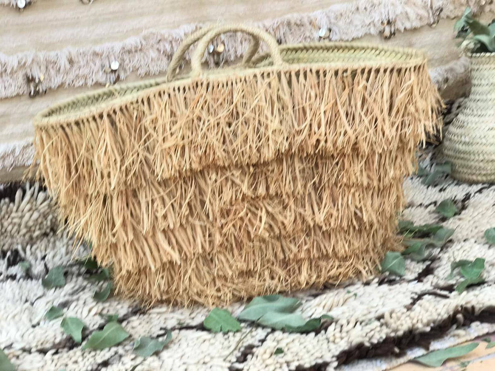 Handmade Straw Basket Bag with Raffia Fringe