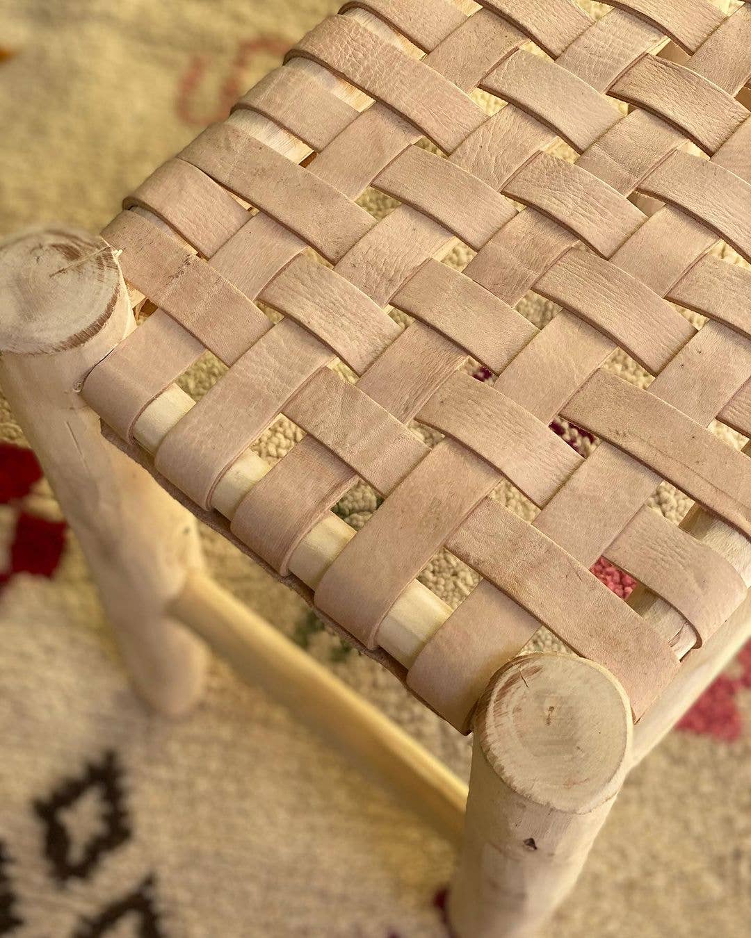 Handcrafted Wooden Stool with Woven Leather Seat - Image 3