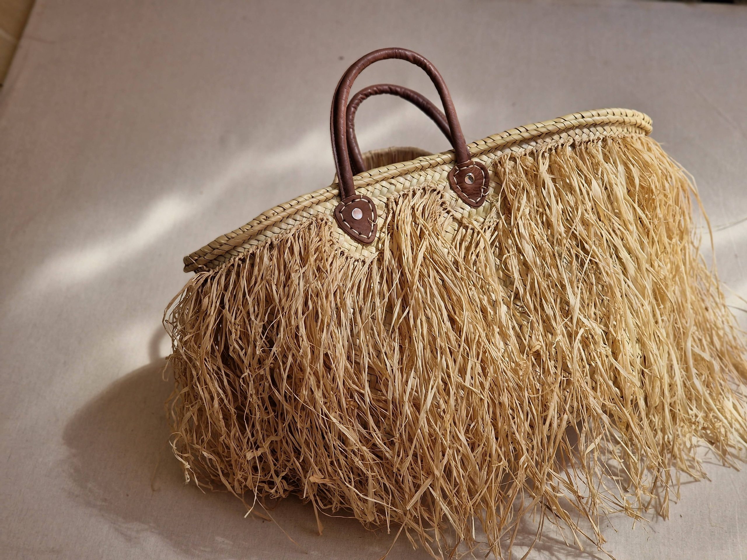 Moroccan Straw Basket Bag With Raffia Fringes - Natural - Image 3