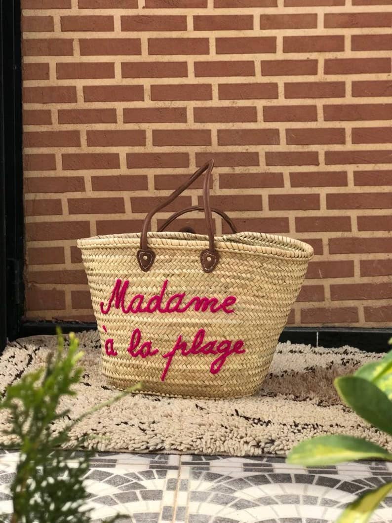 Personalized Handwoven Straw Basket with Embroidered Text