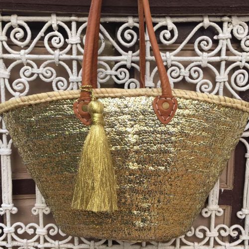 Handwoven Straw Basket with Golden Sequins & Leather Handles