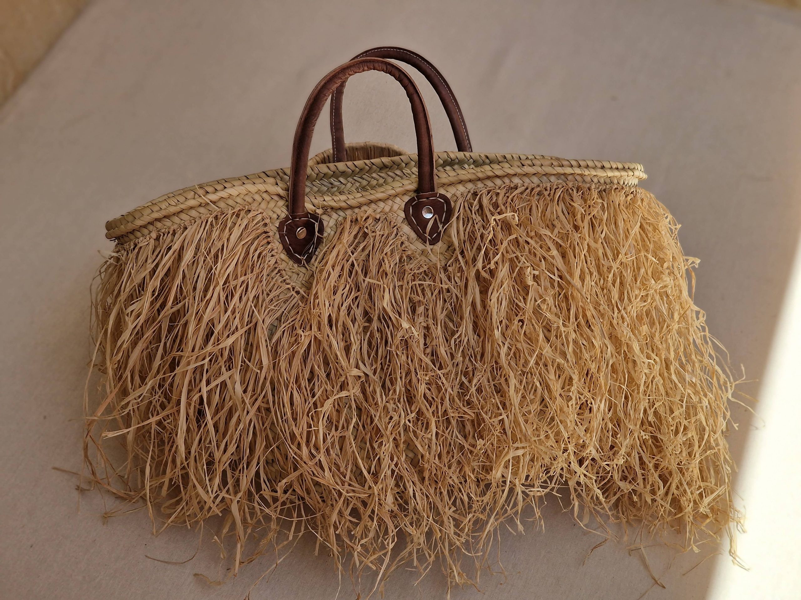 Moroccan Straw Basket Bag With Raffia Fringes - Natural - Image 2