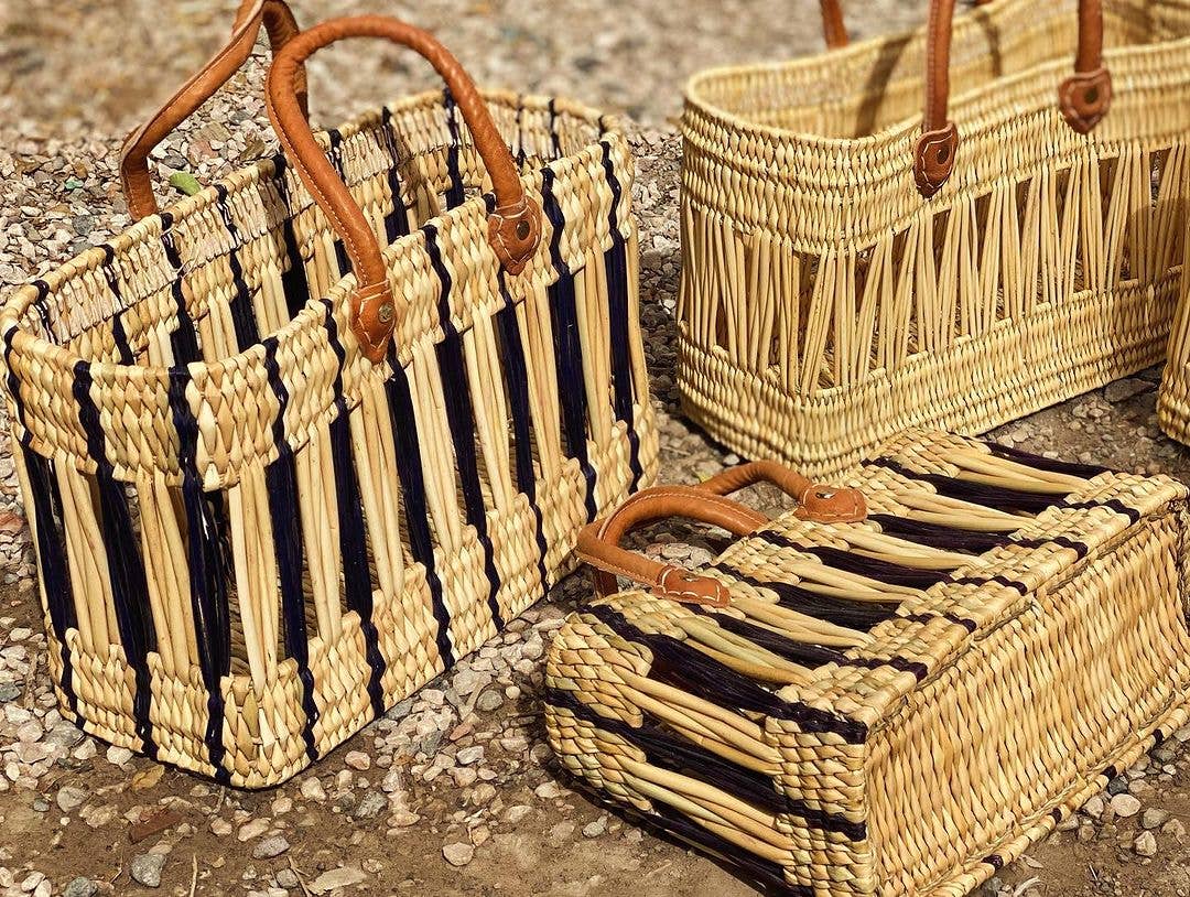 Handwoven Reed Basket Set with Leather Handles (Set of 2) - Image 3